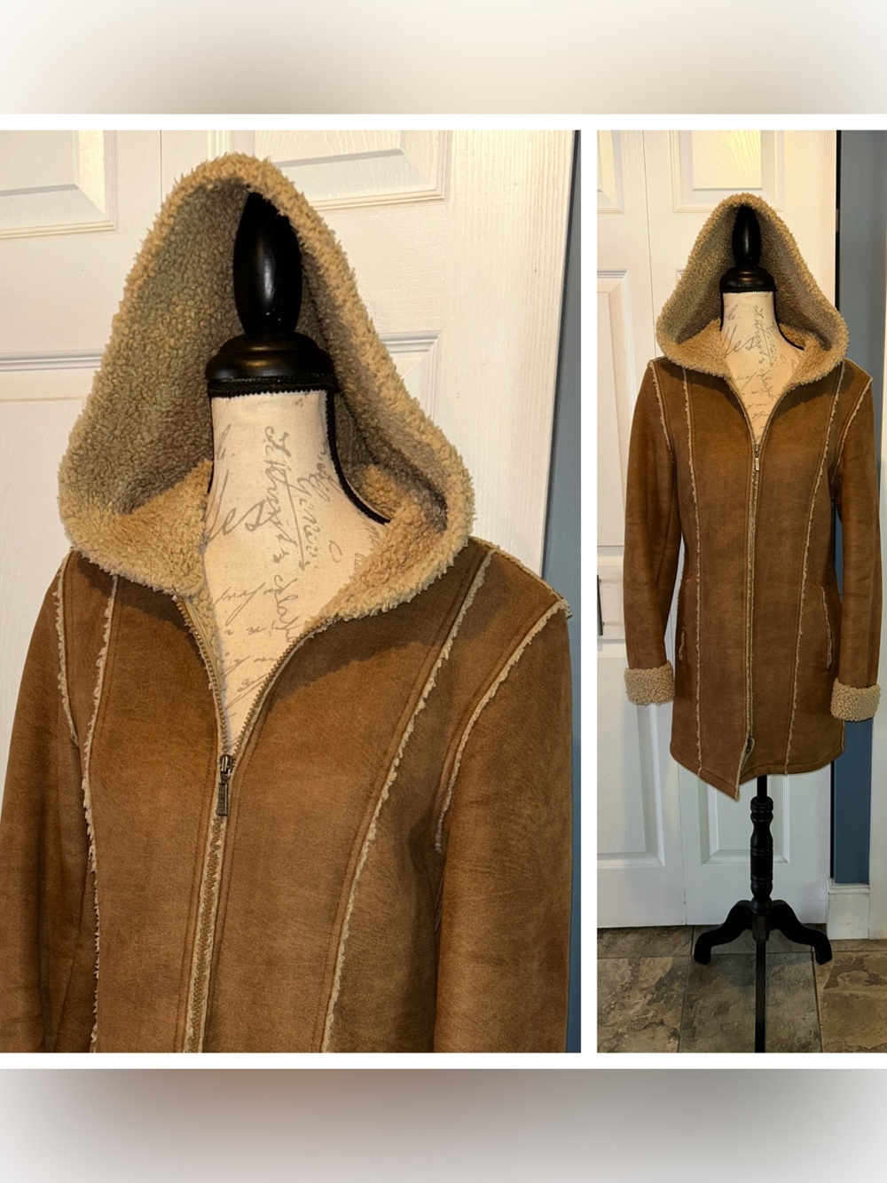 Espirit Faux Suede Shearling Hooded Boho Full Zip Coat Sz Small